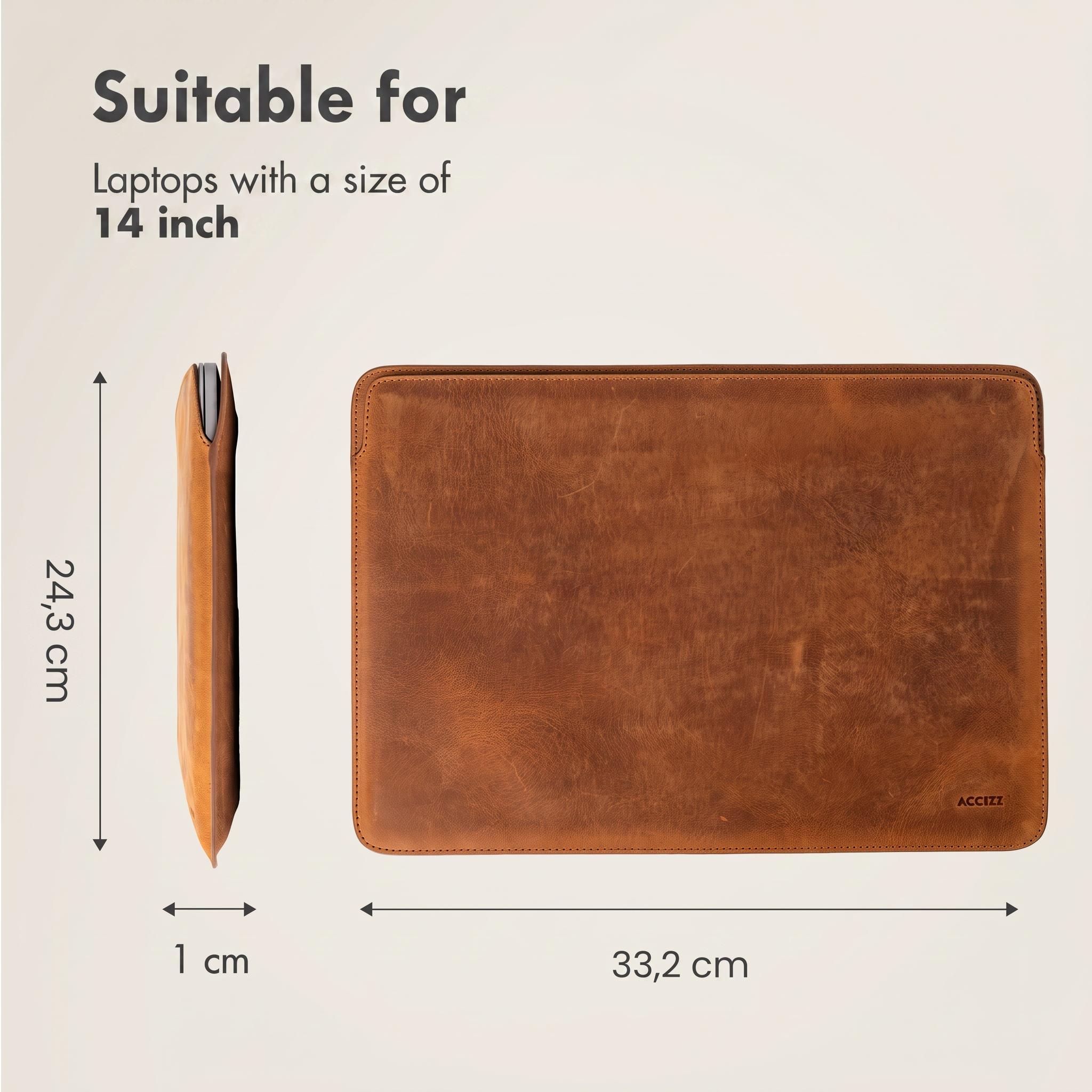 Funda de cuero marrón para portátil de 33,2 x 24,3 x 1 cm para portátiles de 14 pulgadas.