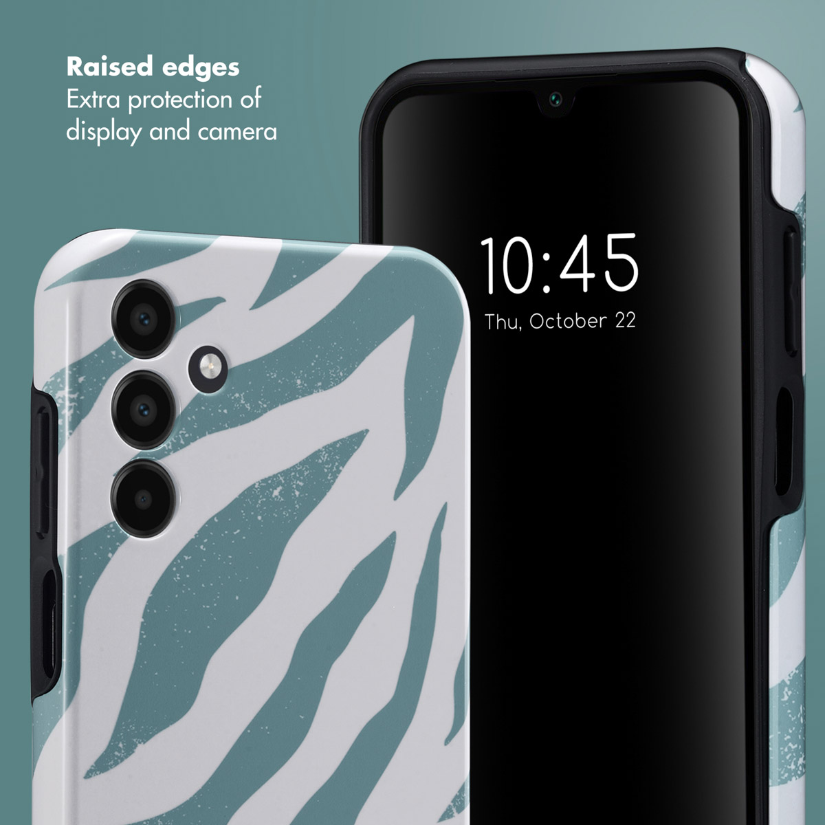 Coque de téléphone à motif zèbre bleu et blanc sur un smartphone à écran noir.