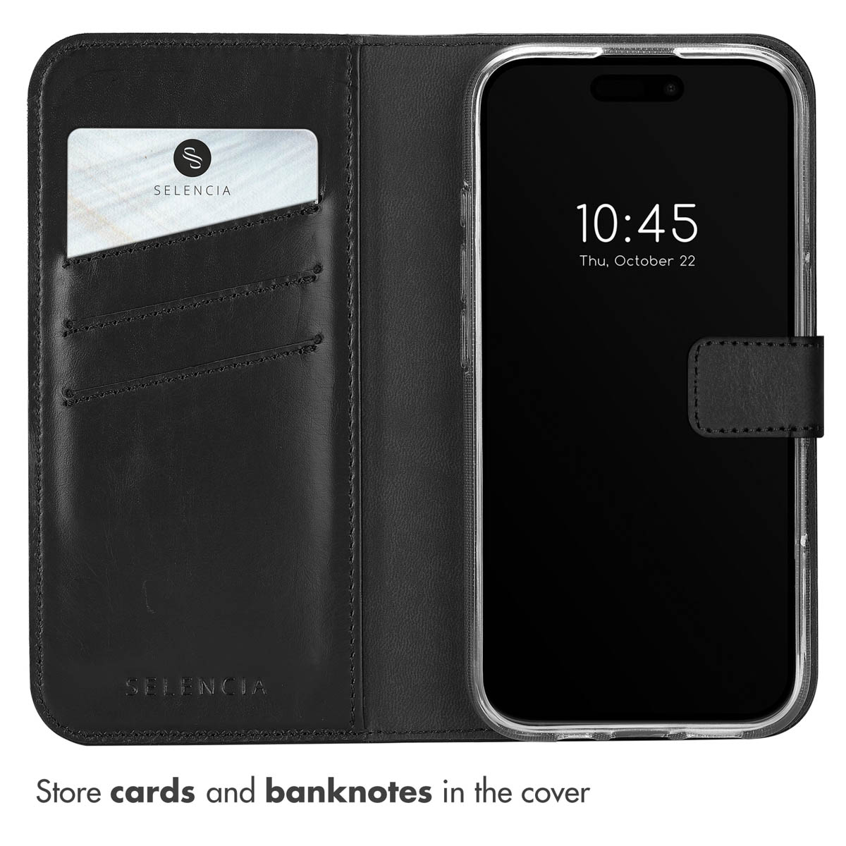 Schwarze Leder-Handyhülle mit Kartenfächern und einem Smartphone auf der rechten Seite, das die Uhrzeit anzeigt.
