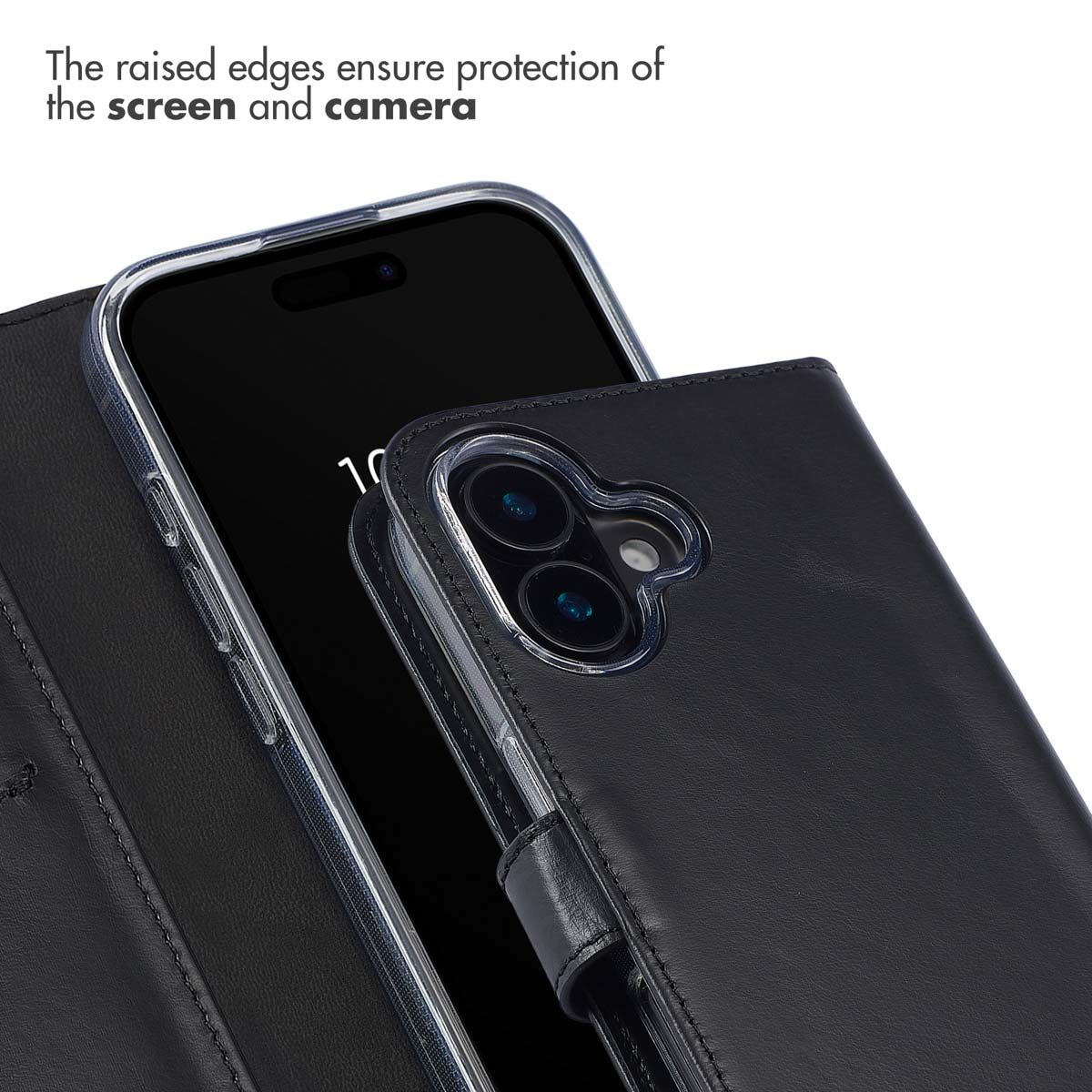 Erhöhte Ränder schützen Bildschirm und Kamera eines Smartphones in einer schwarzen Ledertasche.