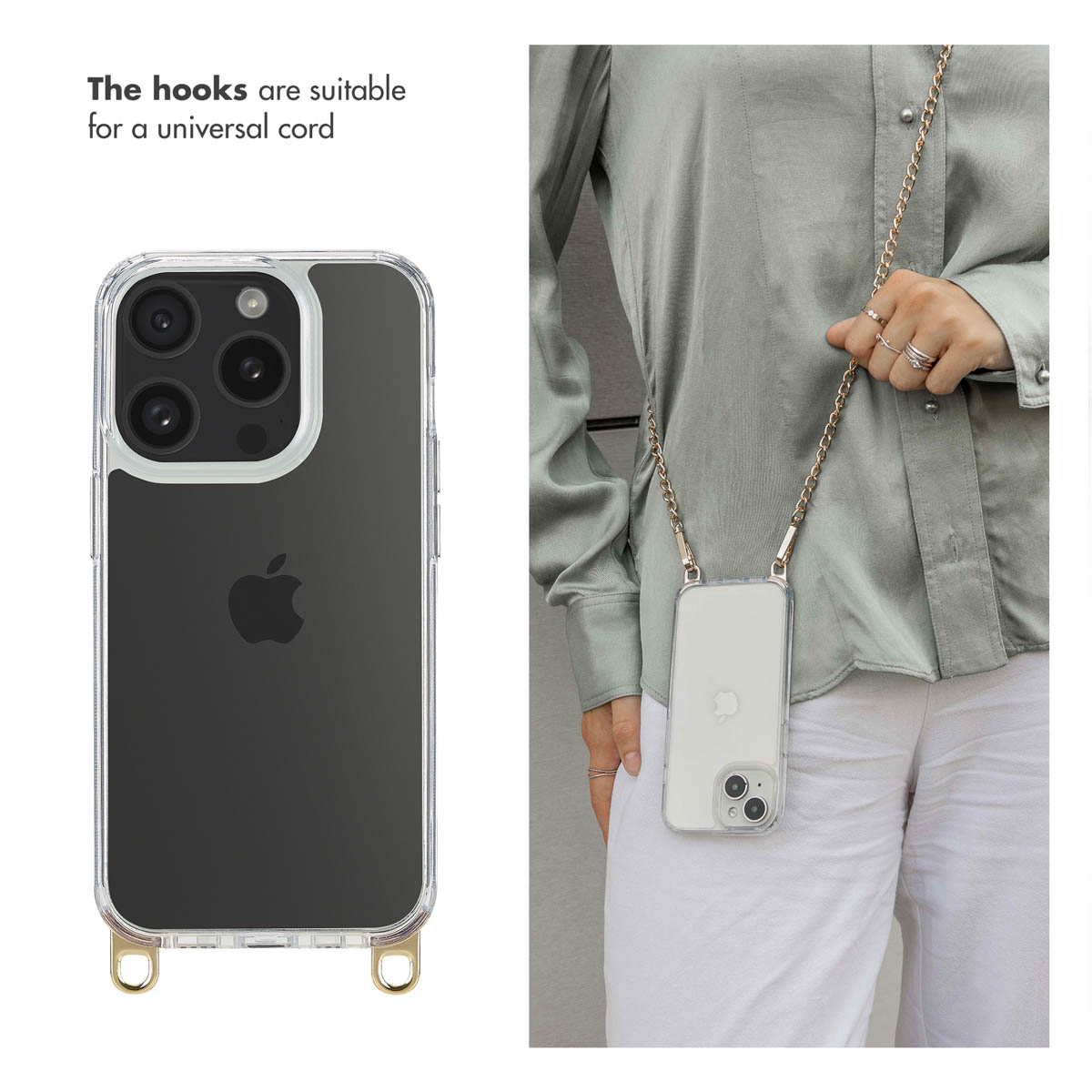 Funda transparente para iPhone con ganchos dorados, mostrada con una persona vistiendo camisa verde y pantalón blanco.