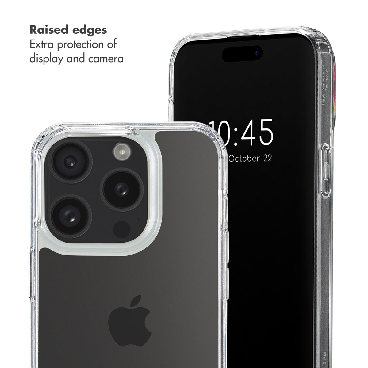 Una funda protectora transparente en un iPhone, resaltando bordes elevados para la pantalla y la cámara.