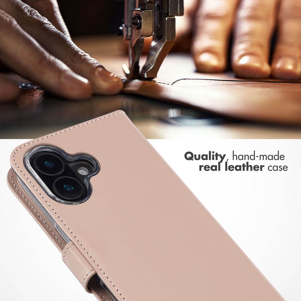 Étui de téléphone en cuir véritable rose fait main, avec couture de cuir en arrière-plan.