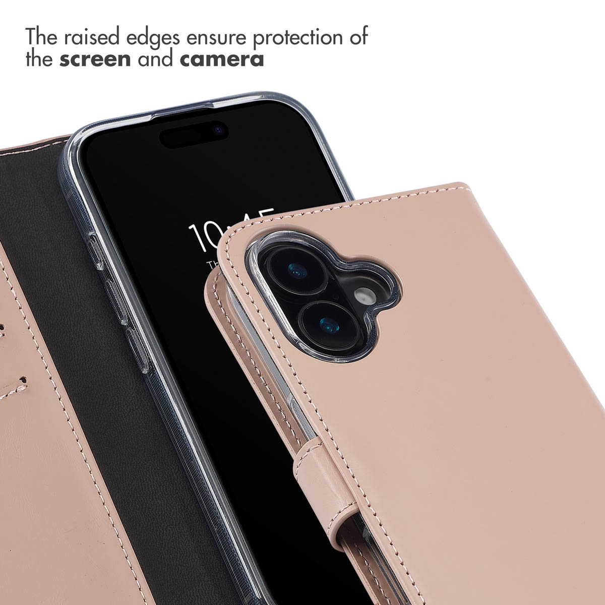 Un étui de téléphone en cuir rose avec des bords surélevés pour protéger l'écran et les caméras.