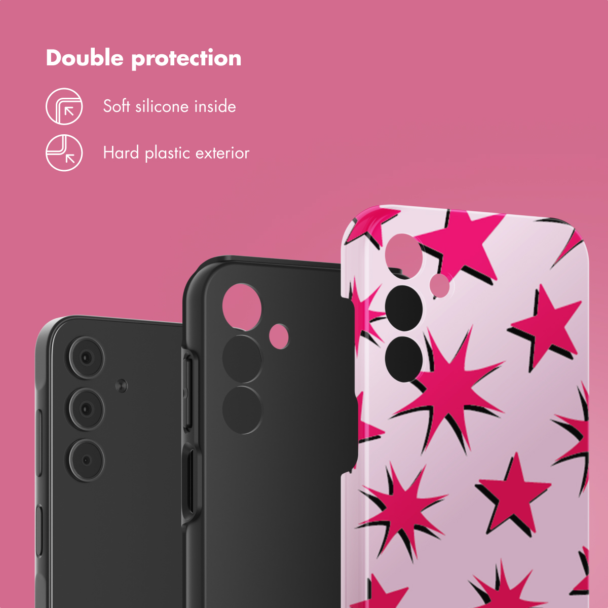 Drei Smartphone-Hüllen vor rosa Hintergrund zeigen Schutzfunktionen wie weiches Silikon innen und Hartplastik außen.