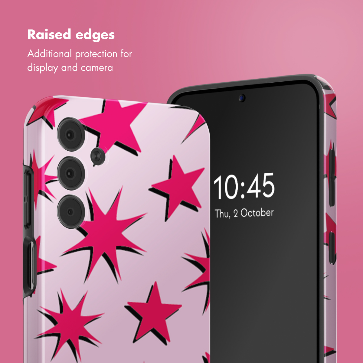 Ein Smartphone in einer rosa Hülle mit hellrosa Sternen und erhöhten Kanten zum Schutz.