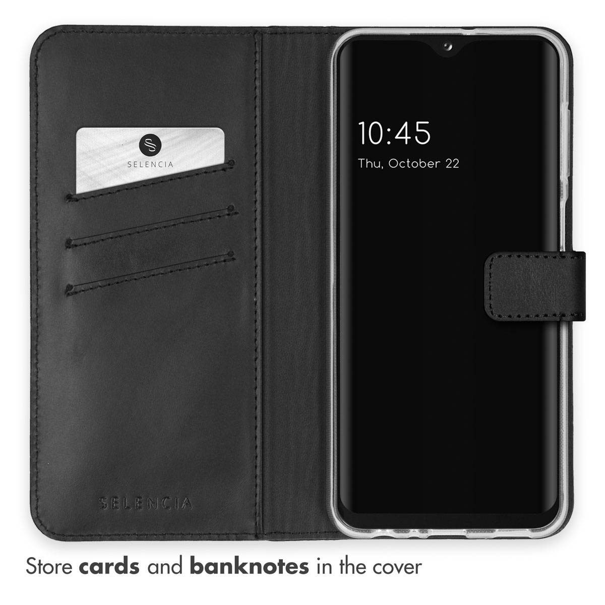 Étui de téléphone en cuir noir avec fentes pour cartes et smartphone.