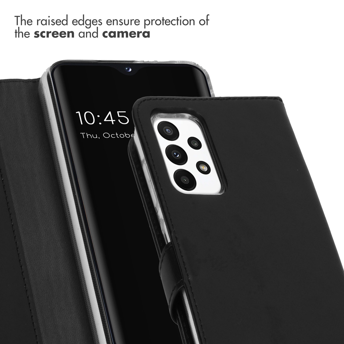 Un étui de smartphone en cuir noir avec des bords surélevés protégeant l'écran et la caméra.