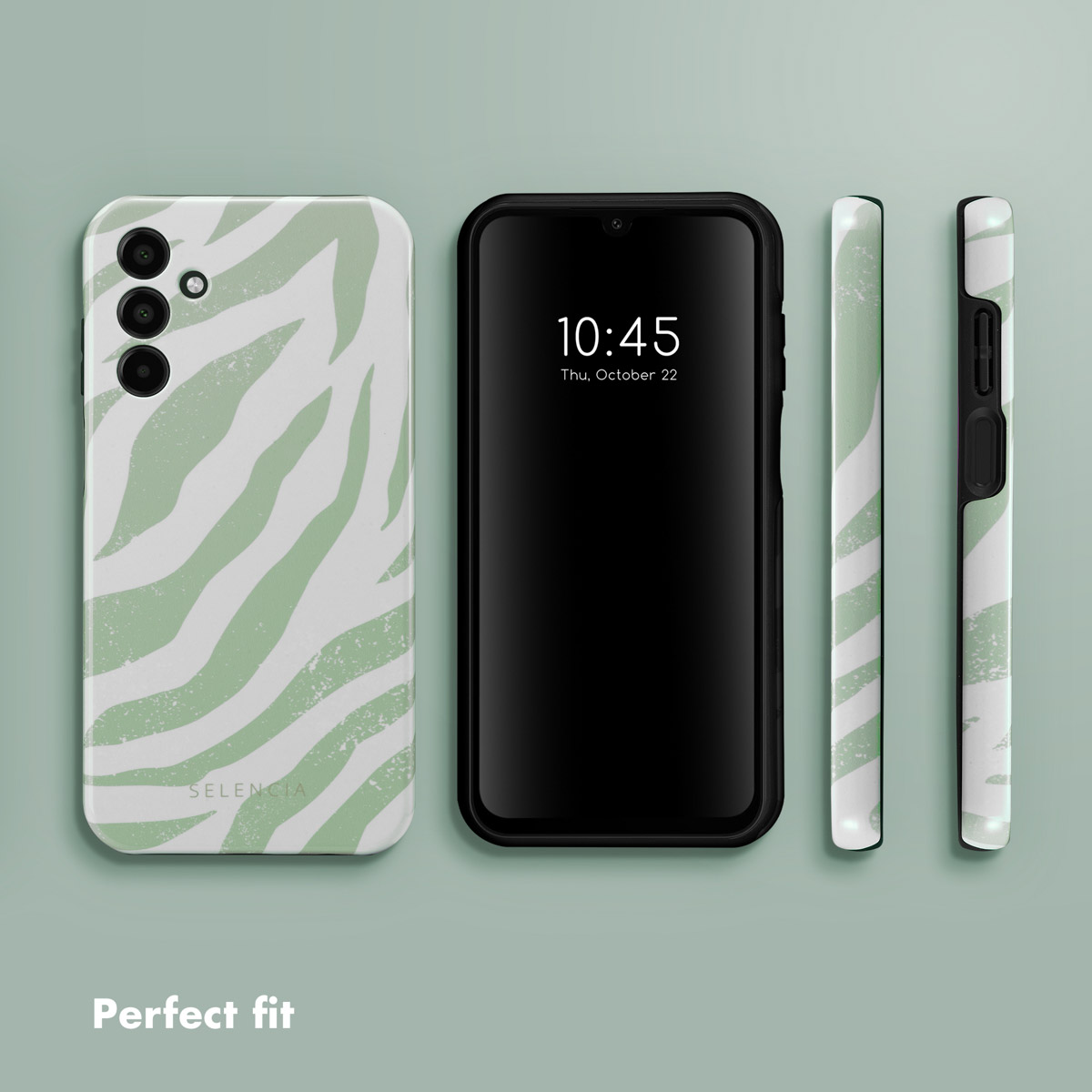 Smartphone avec coque à motif zébré vert menthe et blanc sous plusieurs angles sur fond menthe.