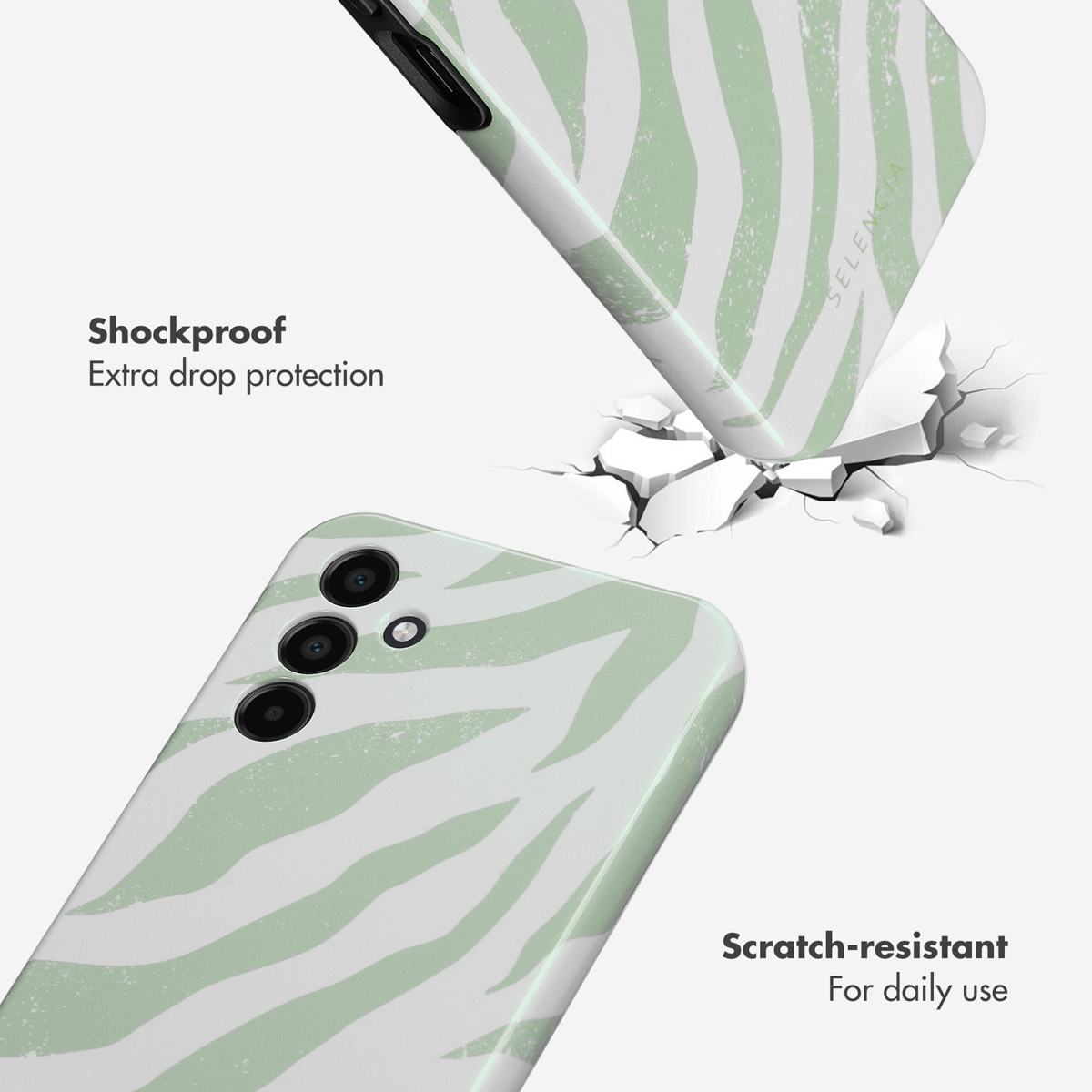 Deux vues d'une coque de téléphone avec un motif zèbre vert clair et blanc, résistante aux chocs et aux rayures.