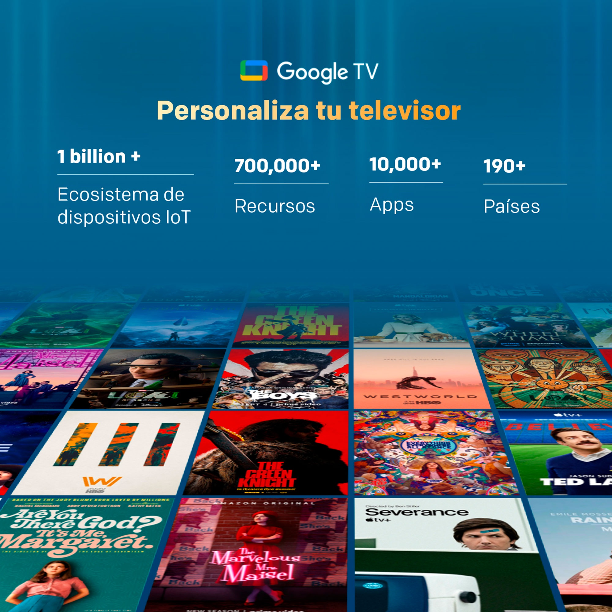 Interfaz de Google TV con estadísticas de dispositivos y carteles de películas sobre fondo azul.