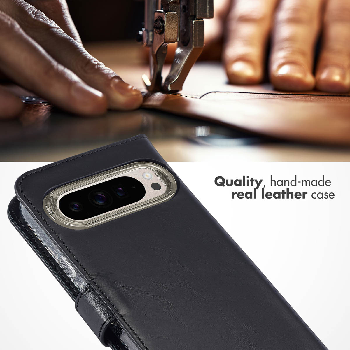 Funda de cuero real hecha a mano, con manos cosiendo cuero con máquina arriba.