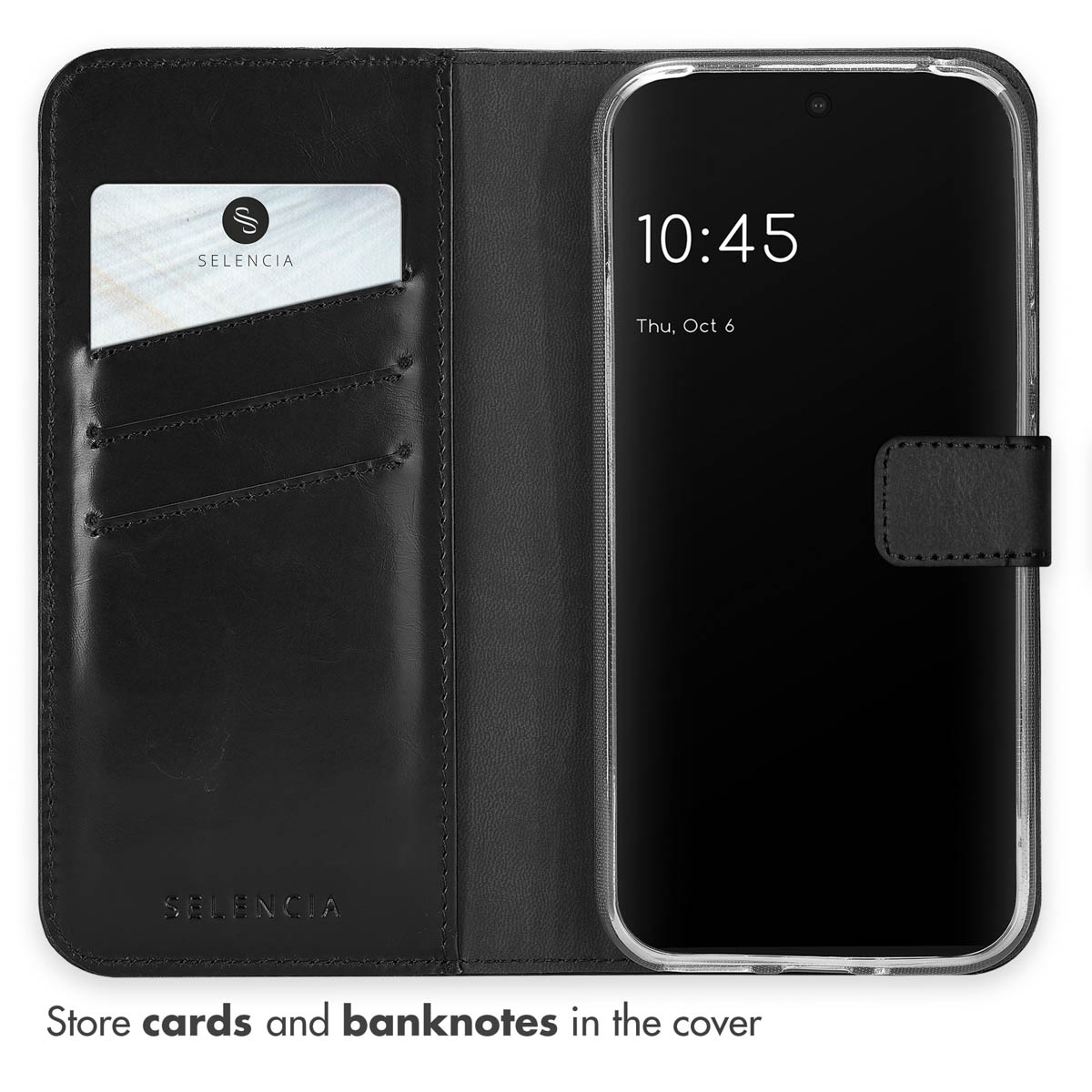 Funda de cuero negro para móvil con ranuras para tarjetas y pantalla encendida.