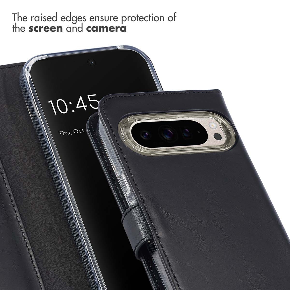 Una funda de piel negra con bordes elevados para proteger la pantalla y la cámara.