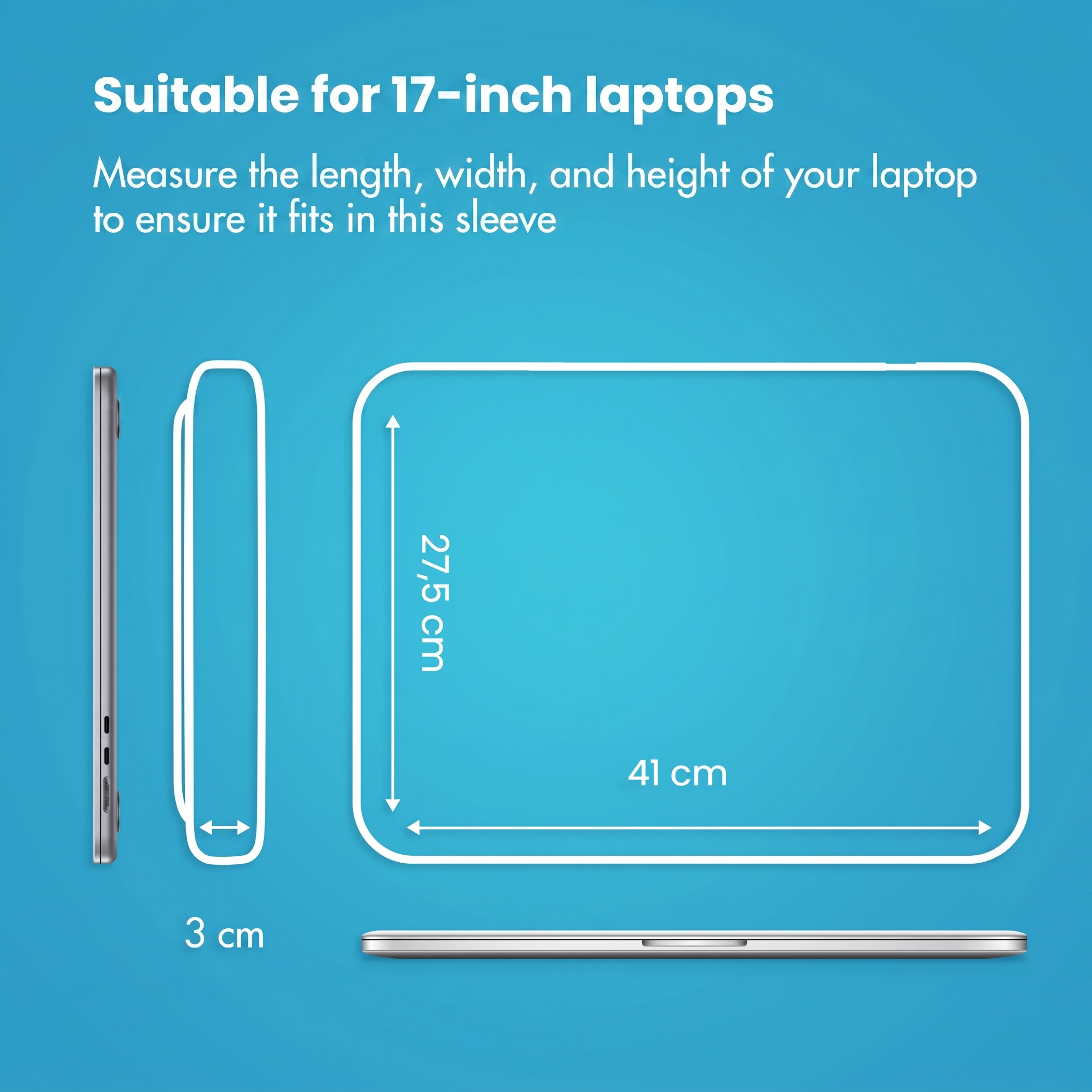 Diagrama muestra las dimensiones de la funda para portátil con 41 cm de largo, 27,5 cm de alto y 3 cm de grosor.