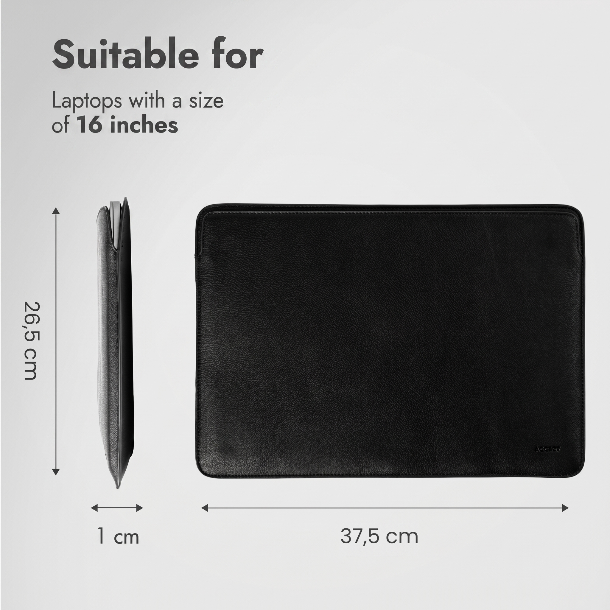 Fundas para portátil de cuero negro de 16 pulgadas con dimensiones de 37.5x26.5x1 cm.