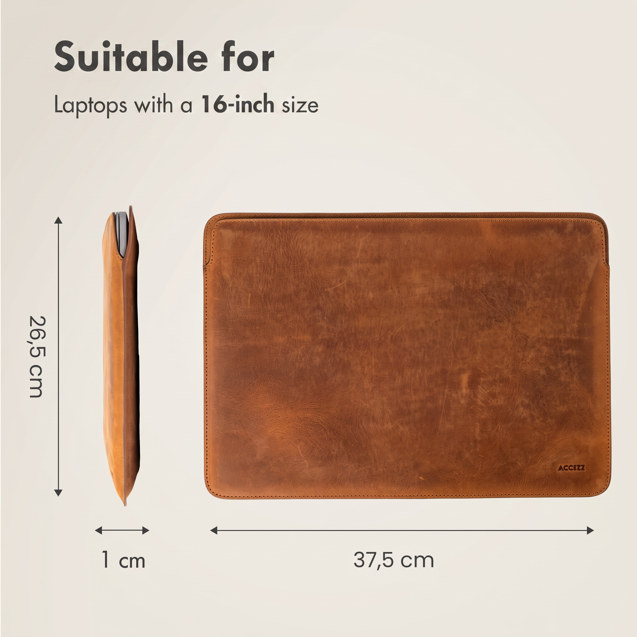 Funda de cuero marrón para portátiles de 16 pulgadas, de 37.5x26.5x1 cm.