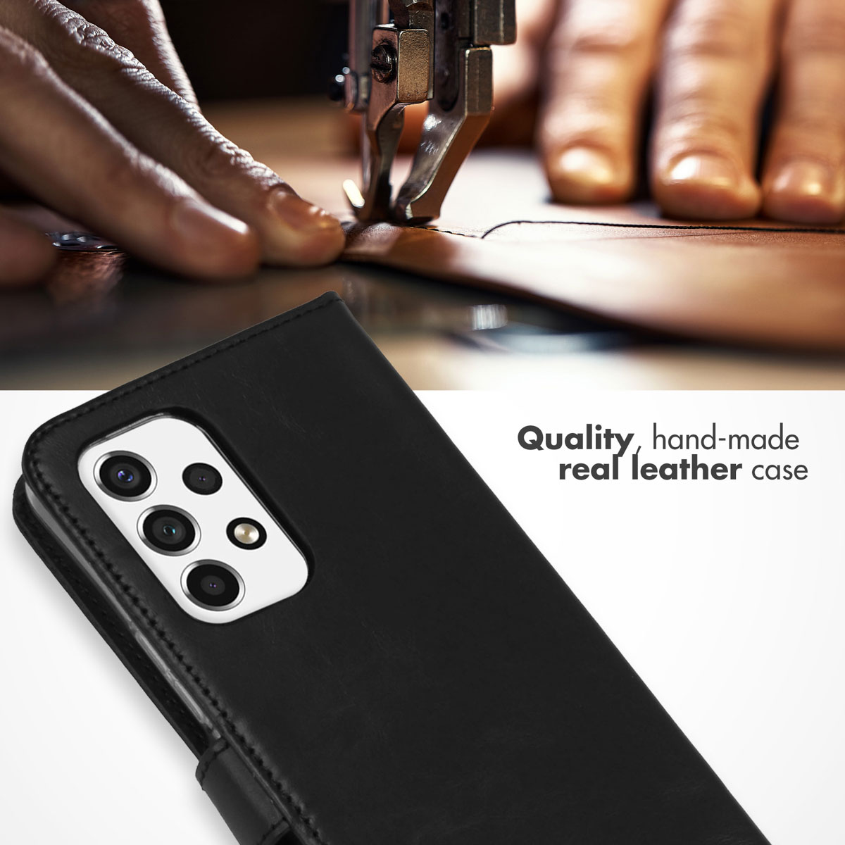 Un étui en cuir noir fait main pour smartphone avec un module appareil photo.