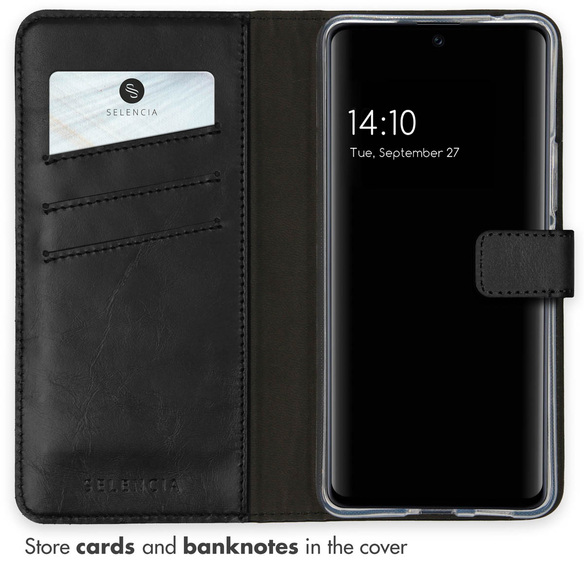 Étui portefeuille de téléphone en cuir noir avec fente pour carte et un smartphone à écran noir.
