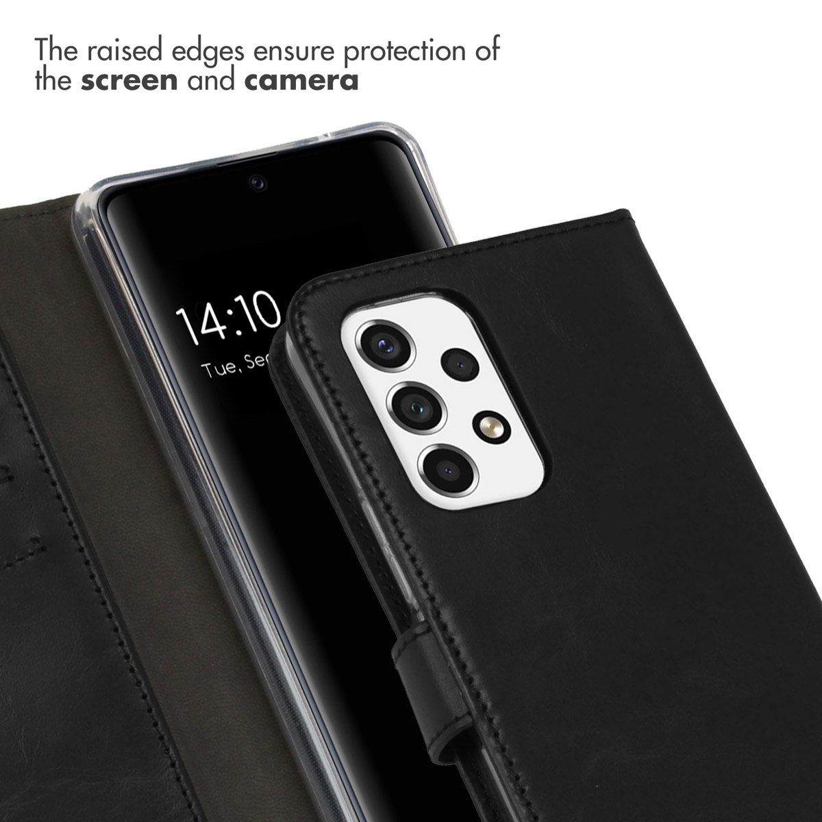 Coque de téléphone en cuir noir avec bords surélevés pour protéger l'écran et l'appareil photo.