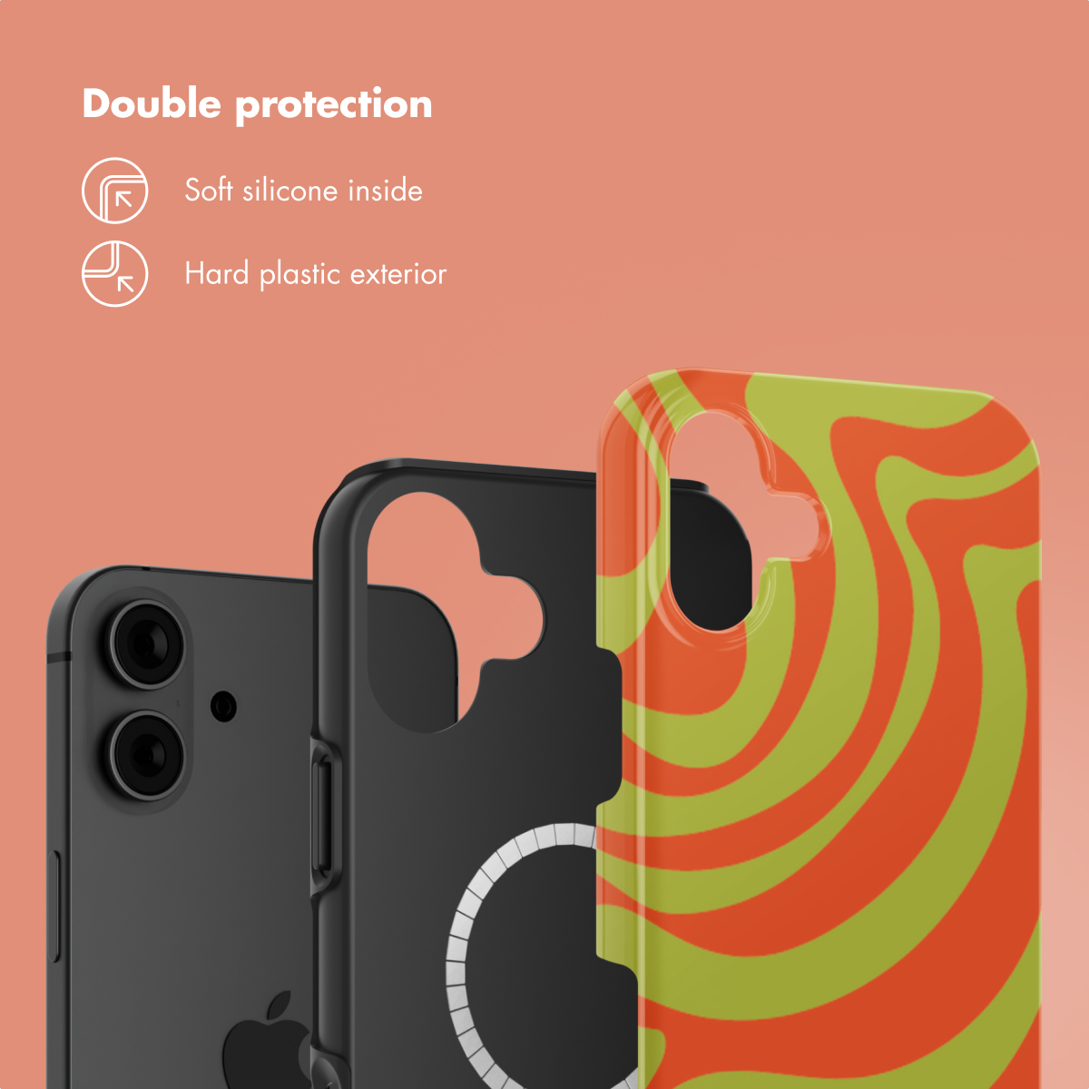 Anuncio de un teléfono con doble protección: interior de silicona suave y exterior de plástico duro.