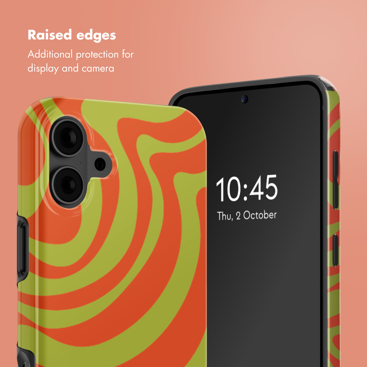 Smartphone en funda naranja y verde con bordes elevados sobre fondo melocotón.