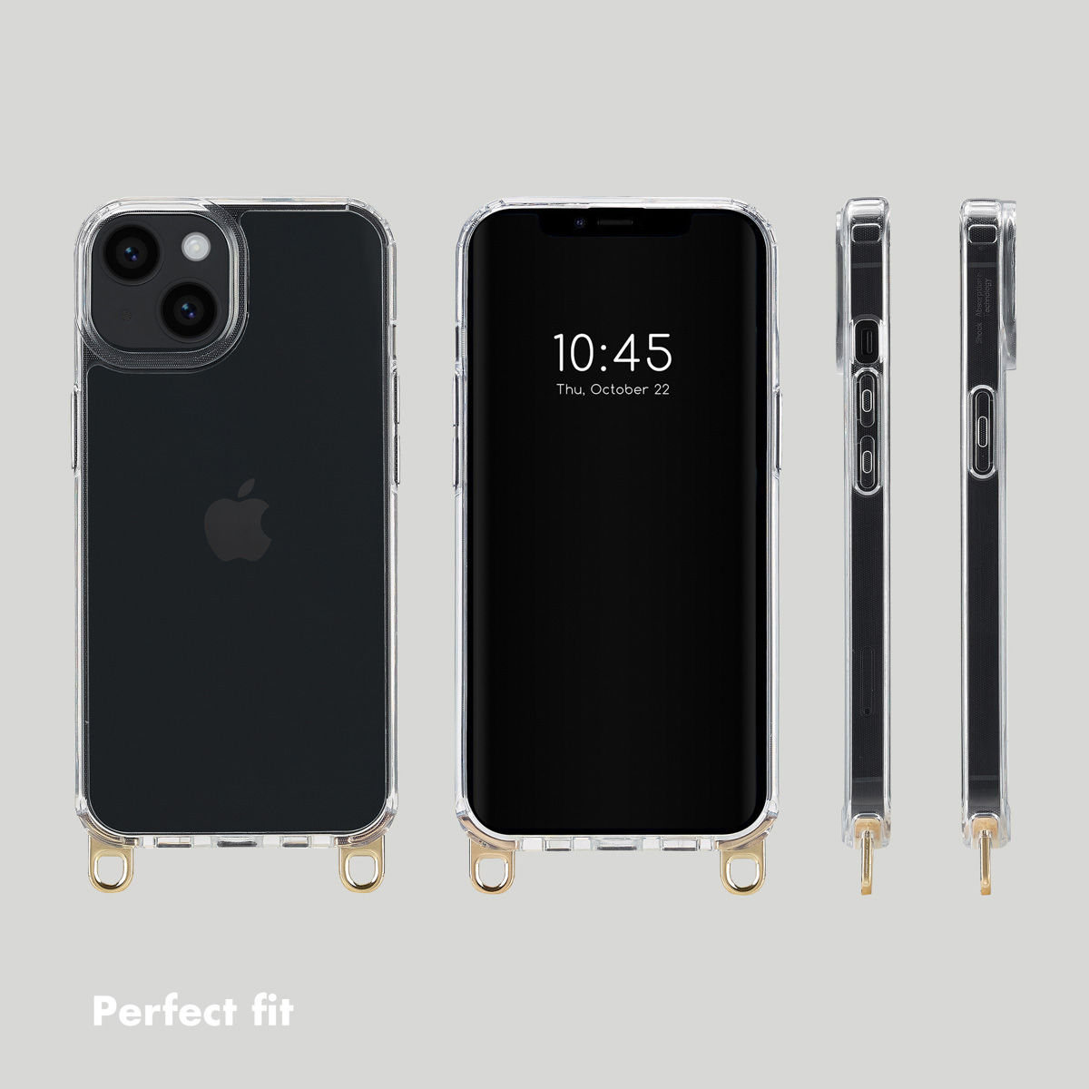 Verschiedene Ansichten einer transparenten Schutzhülle mit goldenen Ringösen für ein iPhone vor grauem Hintergrund.
