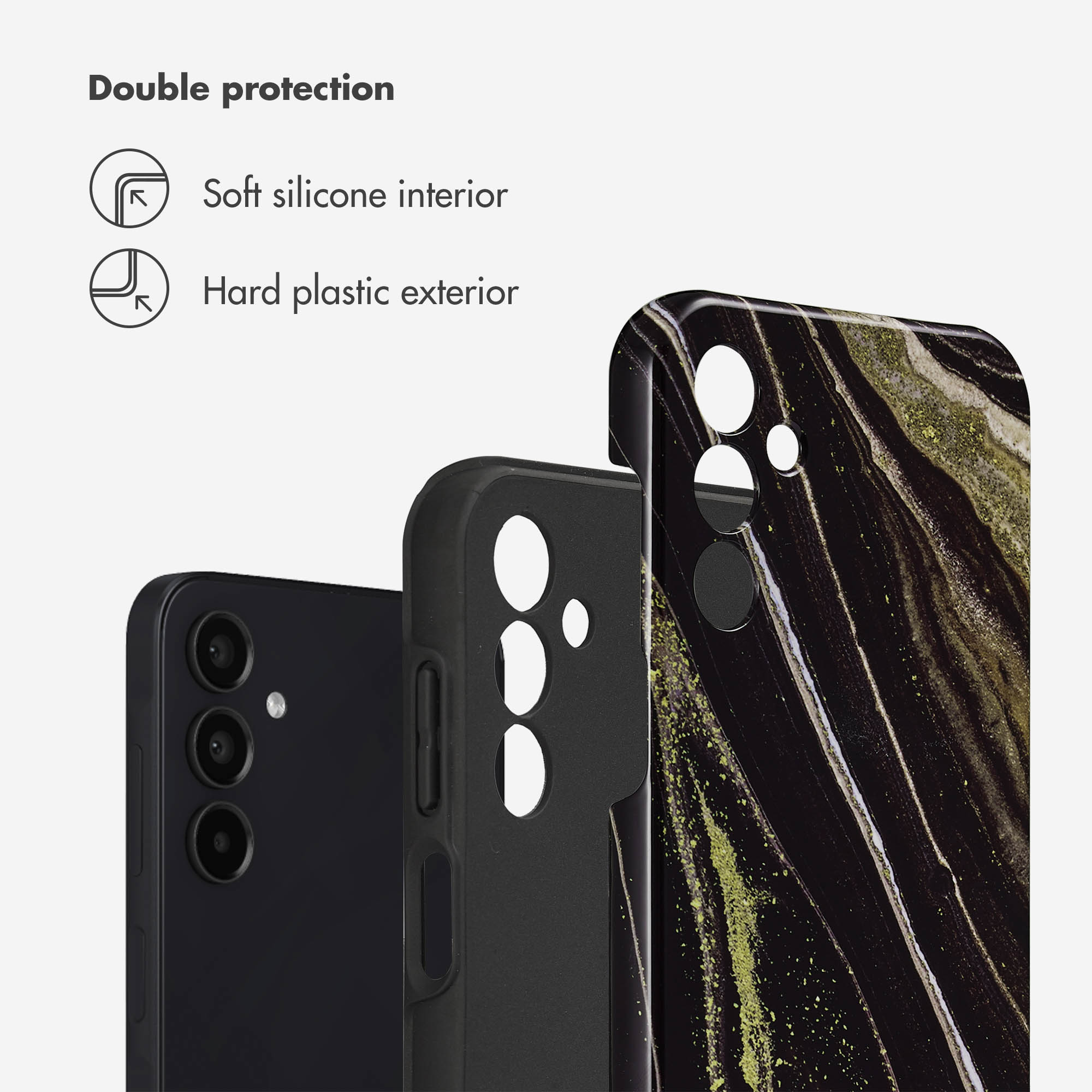 Coque de téléphone avec intérieur en silicone souple et extérieur en plastique dur pour une double protection.
