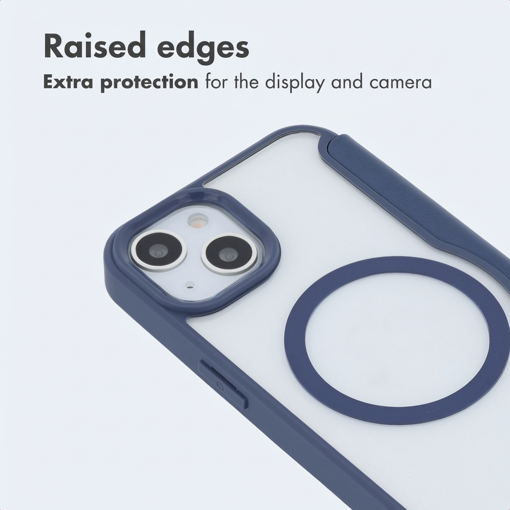 Blaue Smartphone-Hülle mit erhöhtem Kamerarand und integriertem Magnetring.