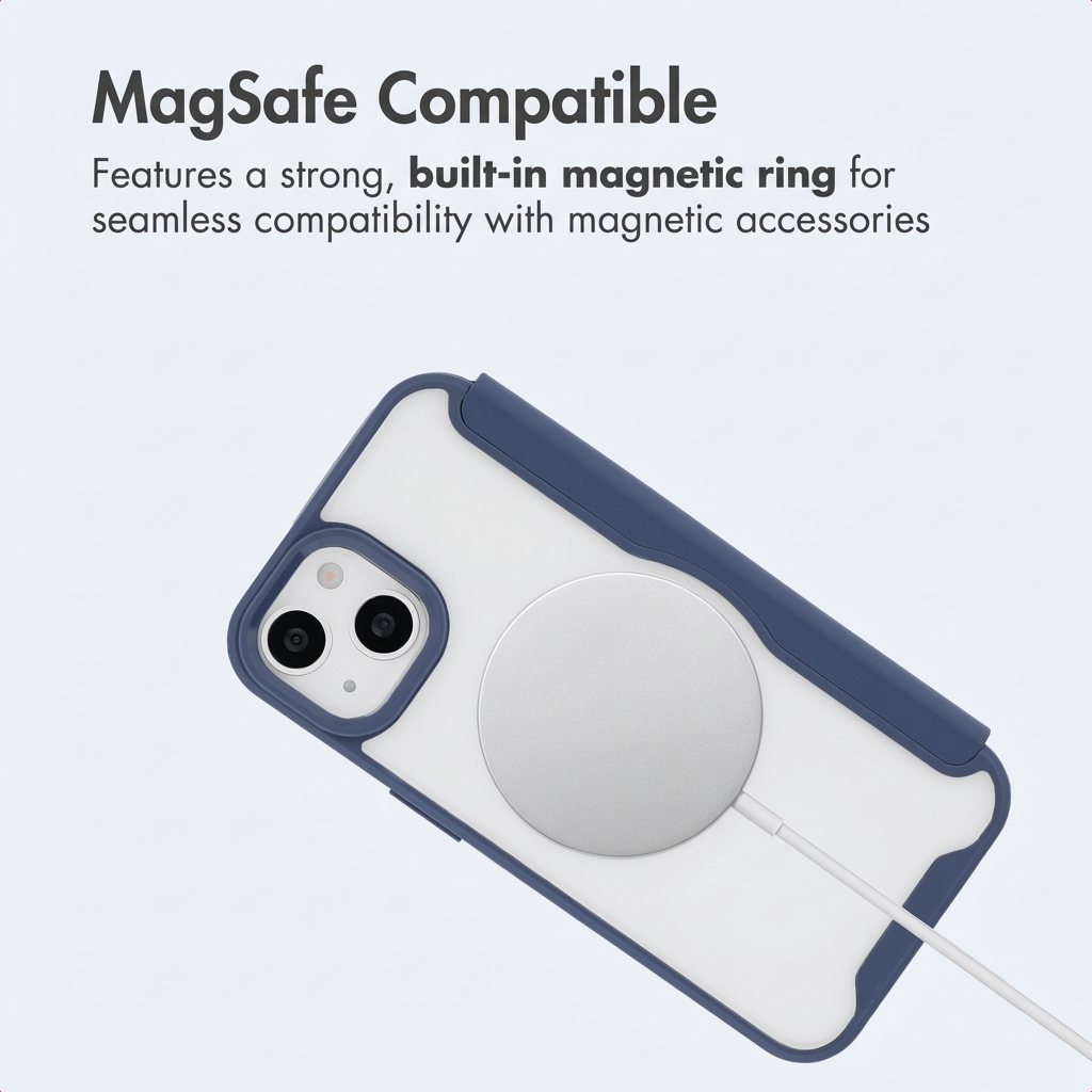 Eine MagSafe-kompatible blaue und transparente Handyhülle mit angeschlossenem Magnetring-Ladegerät auf weißem Grund.