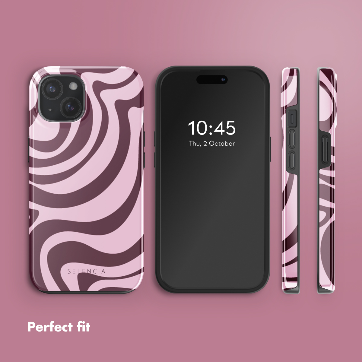 Roze en bruine golvende telefoonhoesjes set op een roze achtergrond.