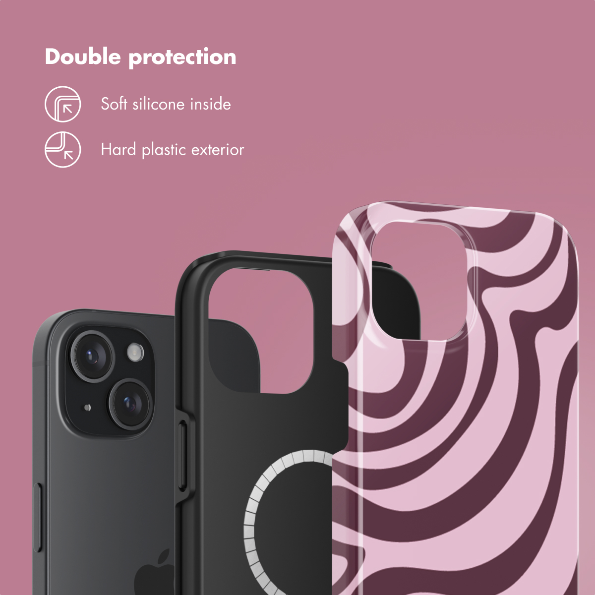 Drie smartphones en hoesjes met dubbele bescherming: zachte siliconen binnenkant en harde plastic buitenkant.