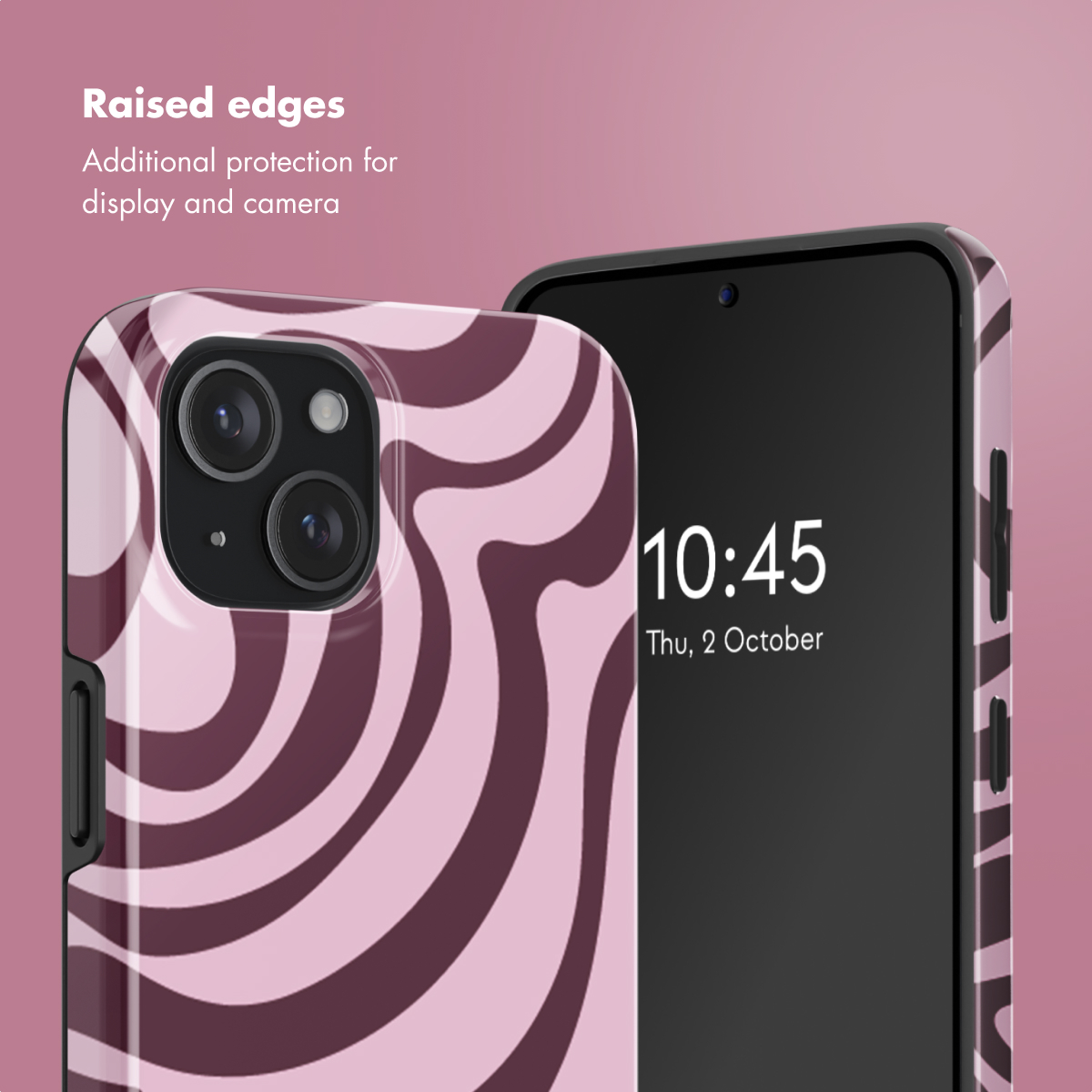 Smartphone met roze patroon hoesje op roze achtergrond met tekst.