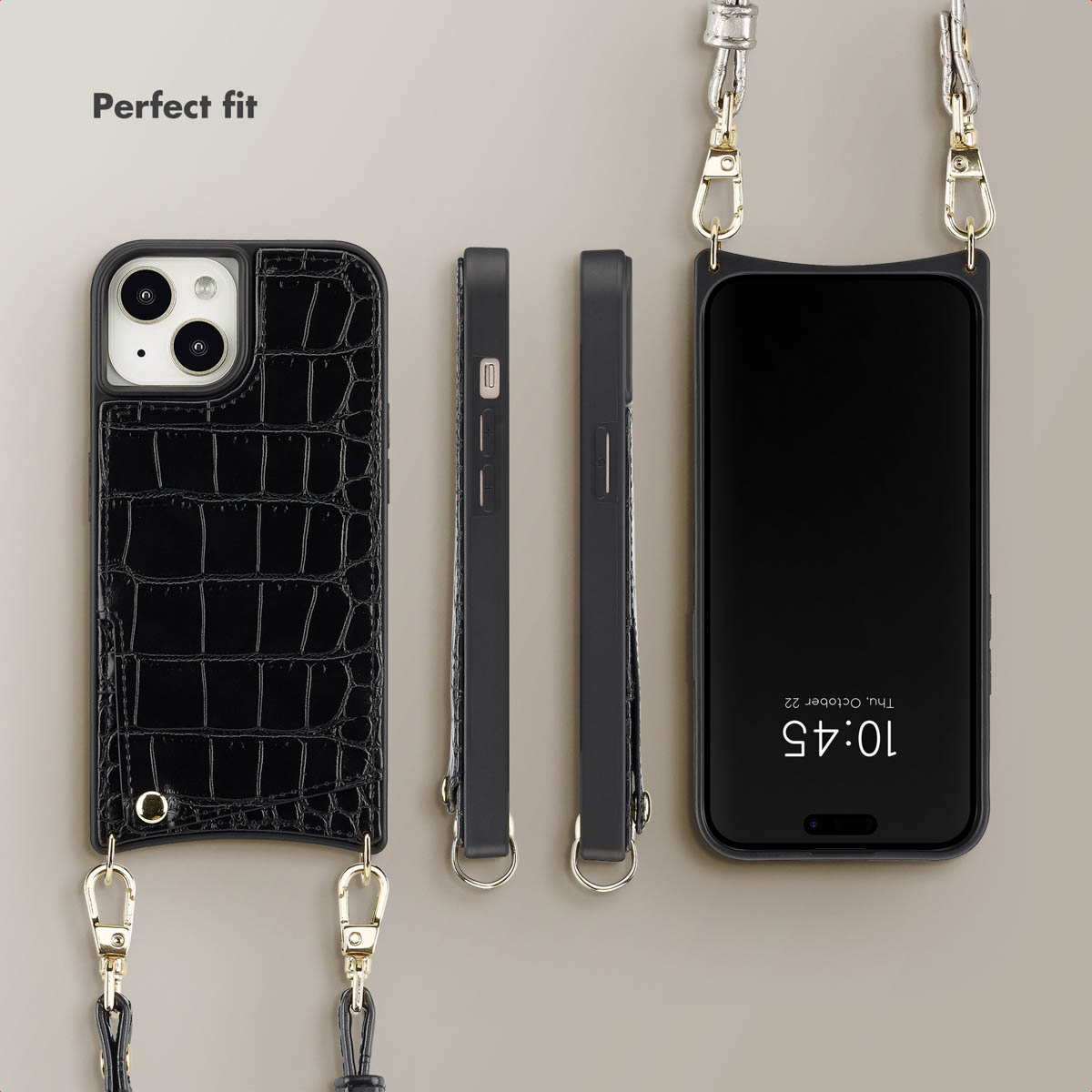 Zwarte telefoonhoes met krokodillenprint, gouden details en schouderriem vanuit meerdere hoeken.
