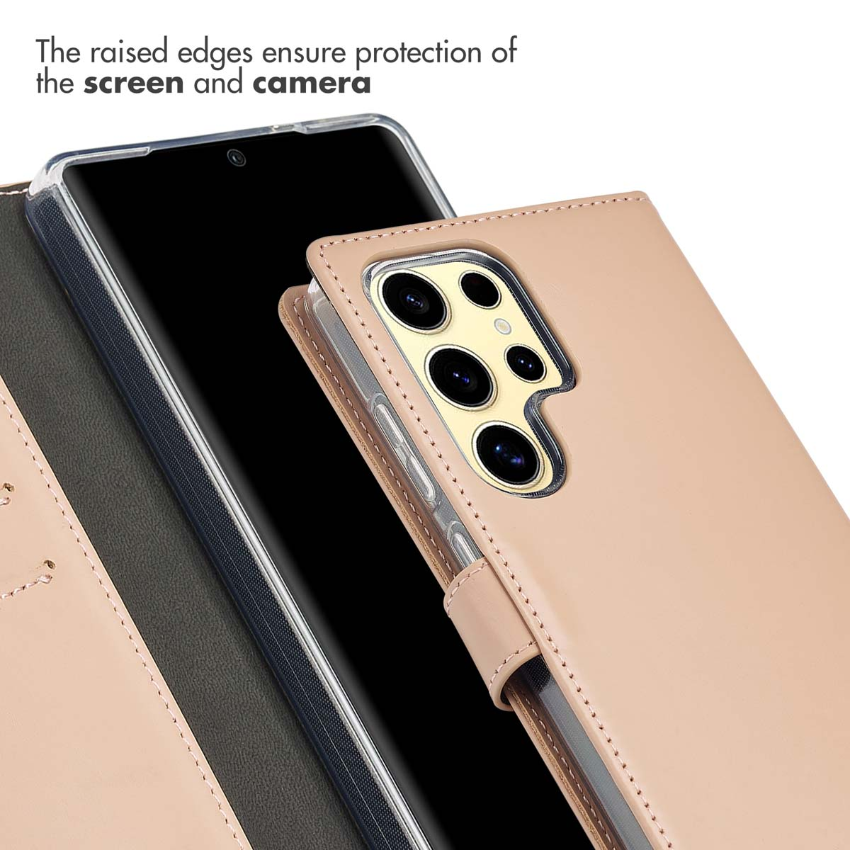 Beige lederen portemonnee telefoonhoesje met camera-uitsparingen en verhoogde randen.