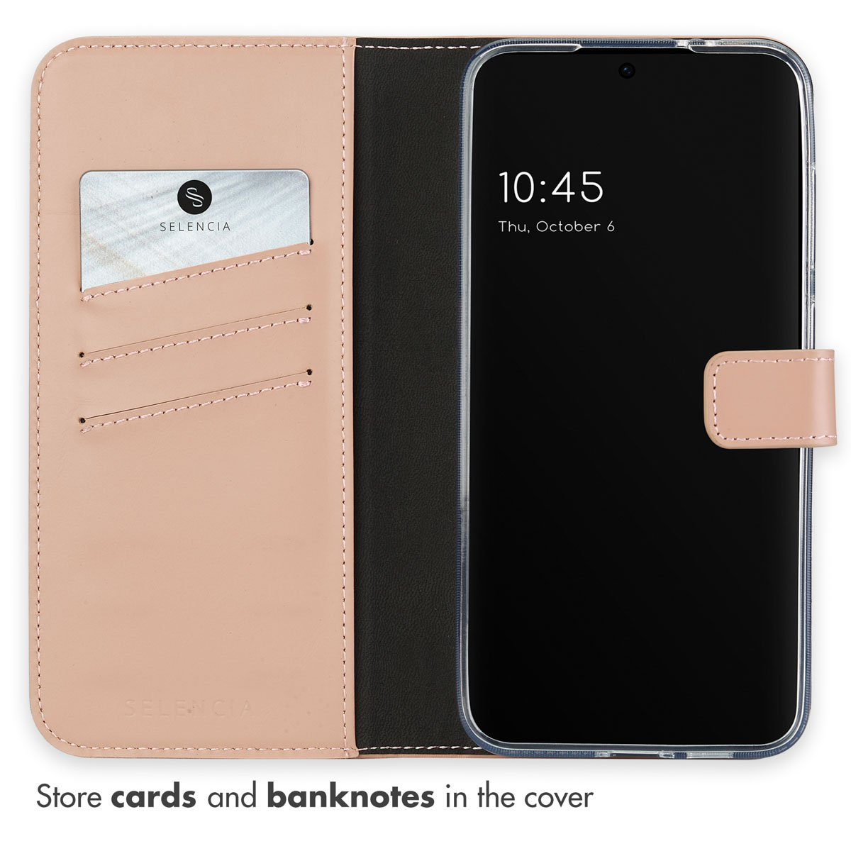 Eine rosafarbene Handytasche aus Leder mit einer Karte und einem Smartphone, das die Uhrzeit 10:45 anzeigt.