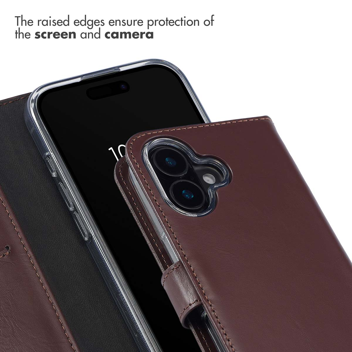 Ein braunes Leder-Flipcase schützt das Smartphone, mit erhöhtem Rand für Kamera und Display.