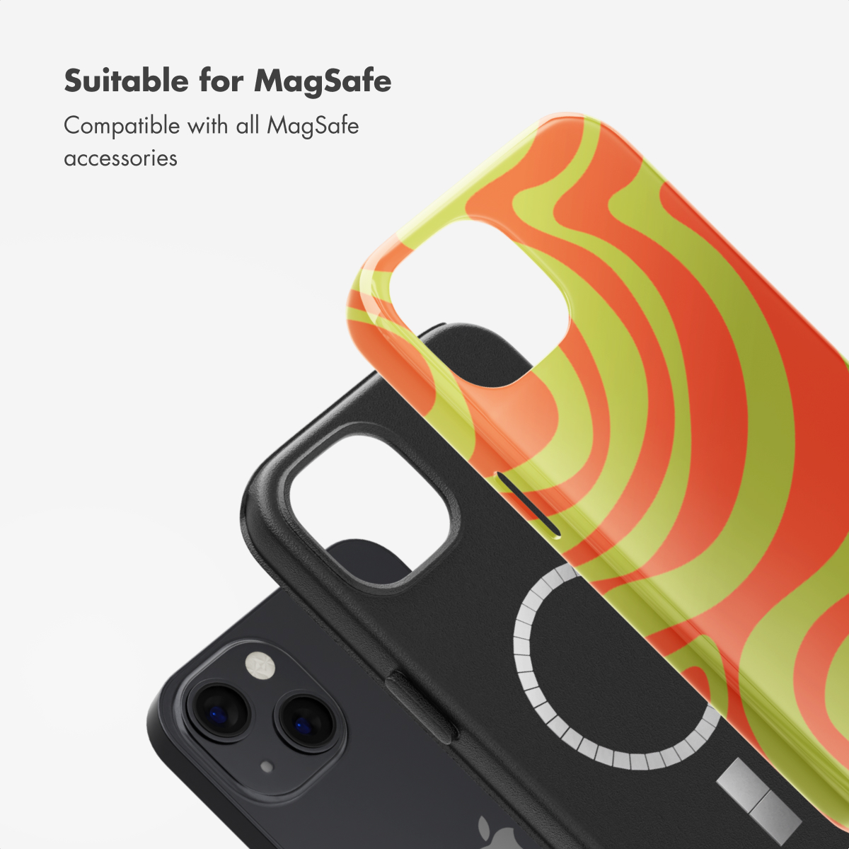 MagSafe-kompatible Handyhülle mit orange-grünem Wellenmuster vor schwarzem Hintergrund.