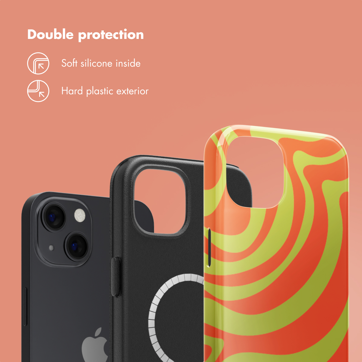 Drei Smartphones mit Schutzhüllen vor pfirsichfarbenem Hintergrund betonen doppelten Schutz.