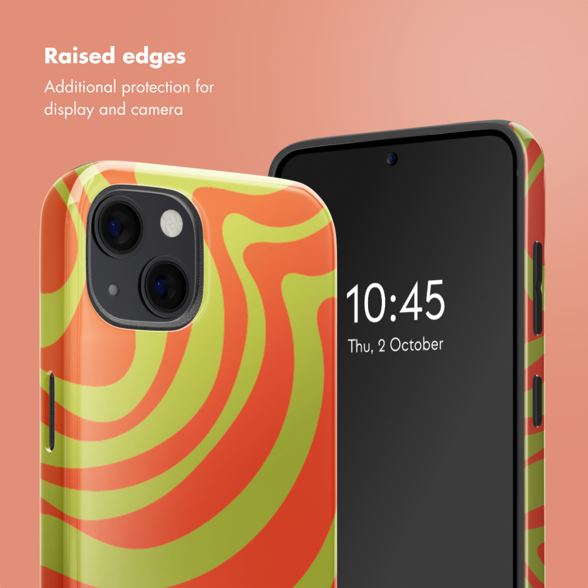 Smartphone mit orange-grünem Wirbelmuster-Cover vor rosa Hintergrund.