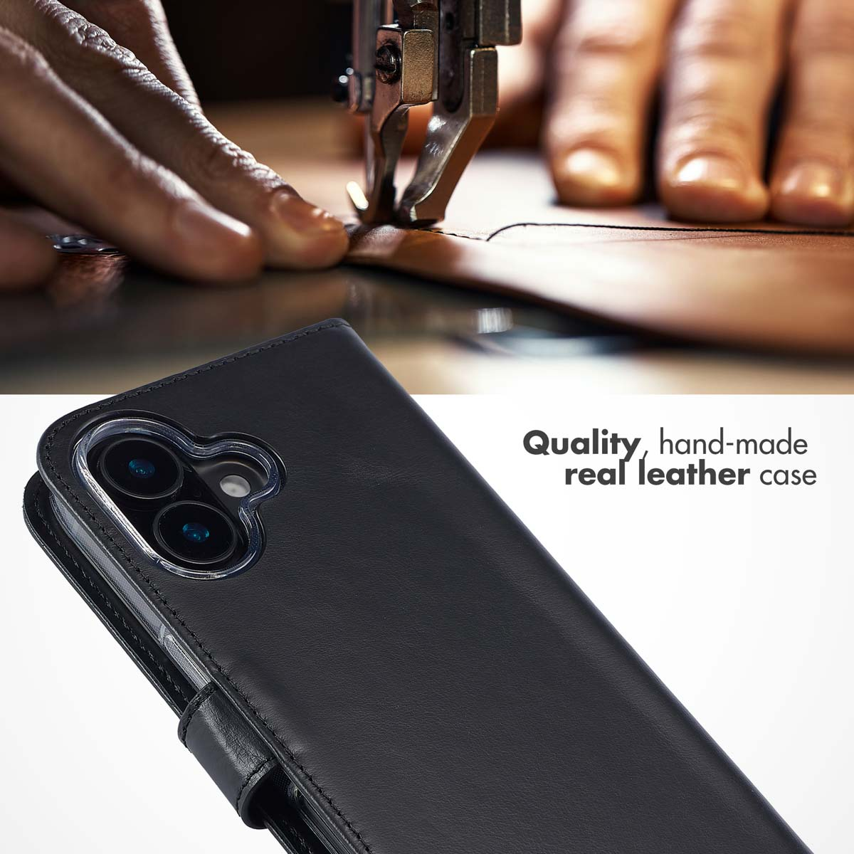 Étui de téléphone en cuir noir fait main avec une machine à coudre en arrière-plan.