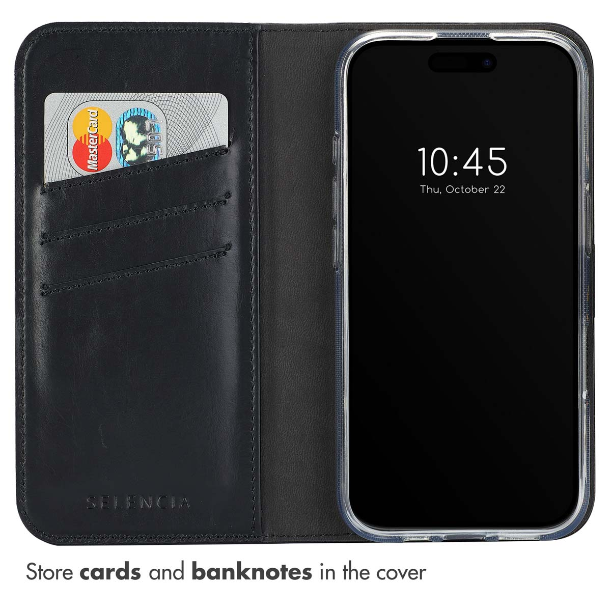 Étui de téléphone en cuir noir avec fentes pour cartes à gauche et smartphone à droite.