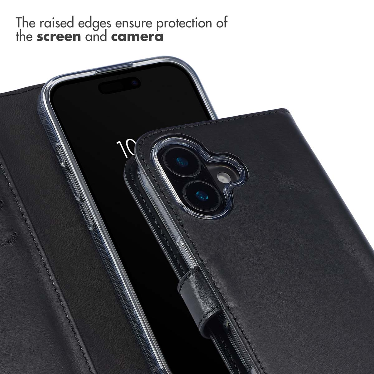 Un étui portefeuille en cuir noir pour téléphone avec des bords surélevés pour protéger l'écran.