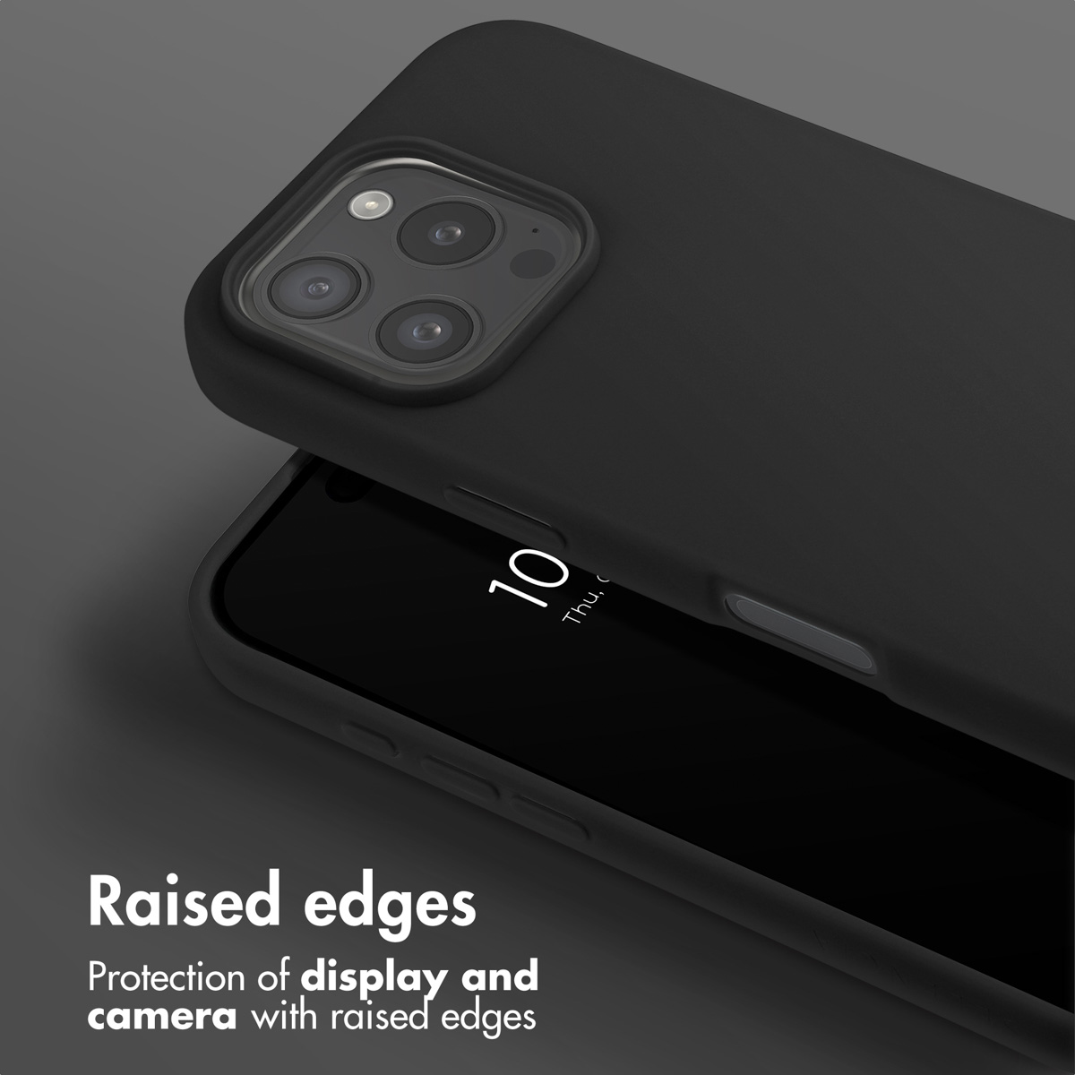 Funda de móvil negra con bordes elevados para proteger la pantalla y la cámara.