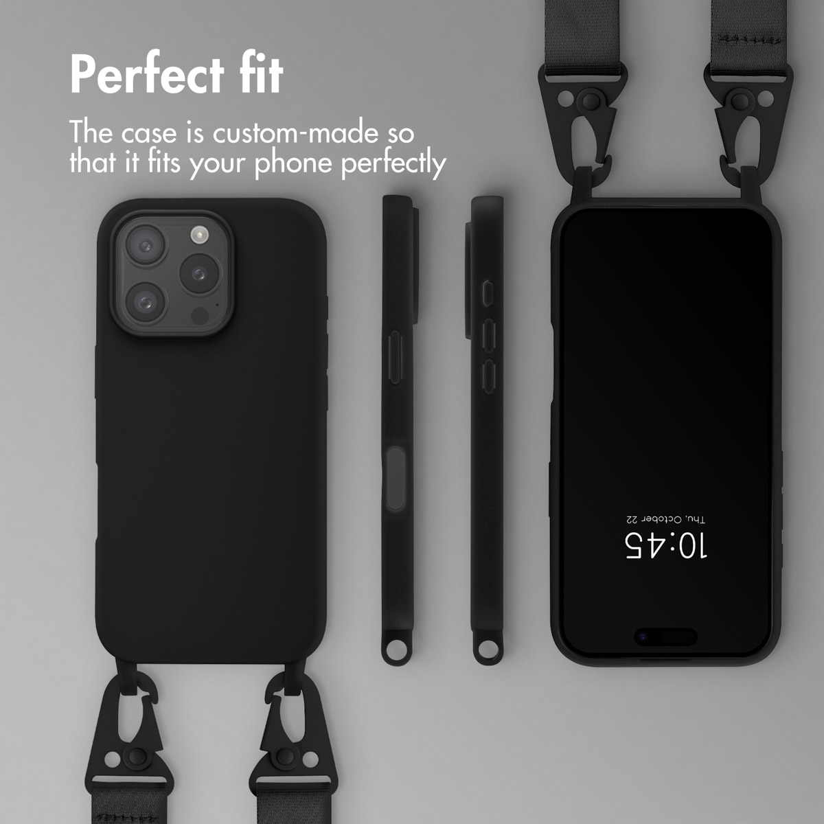 Funda de móvil negra con correa, vistas frontal, trasera y lateral sobre fondo gris.