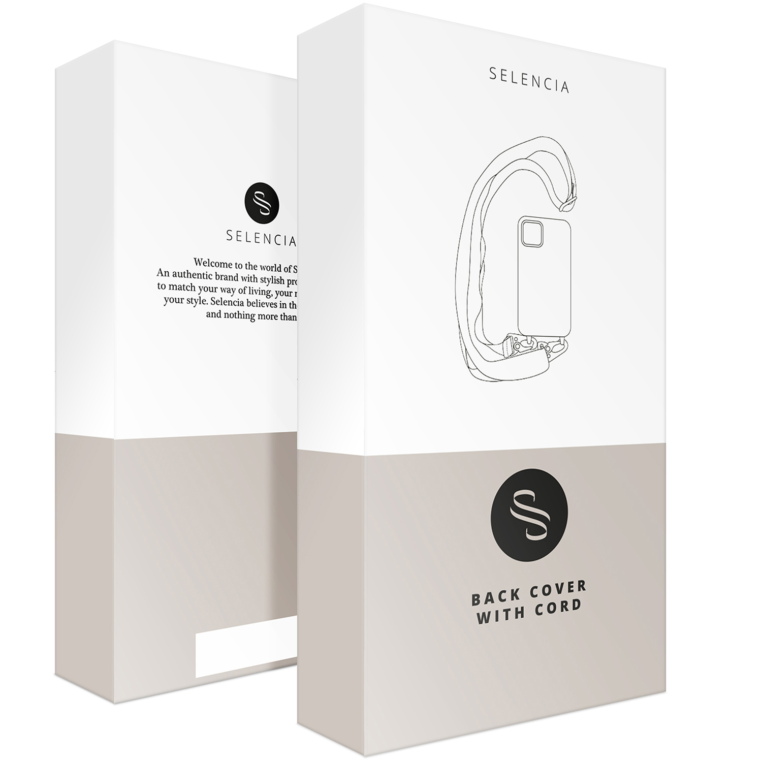 Deux boîtes d'emballage Selencia blanches et grises illustrant une coque avec cordon.