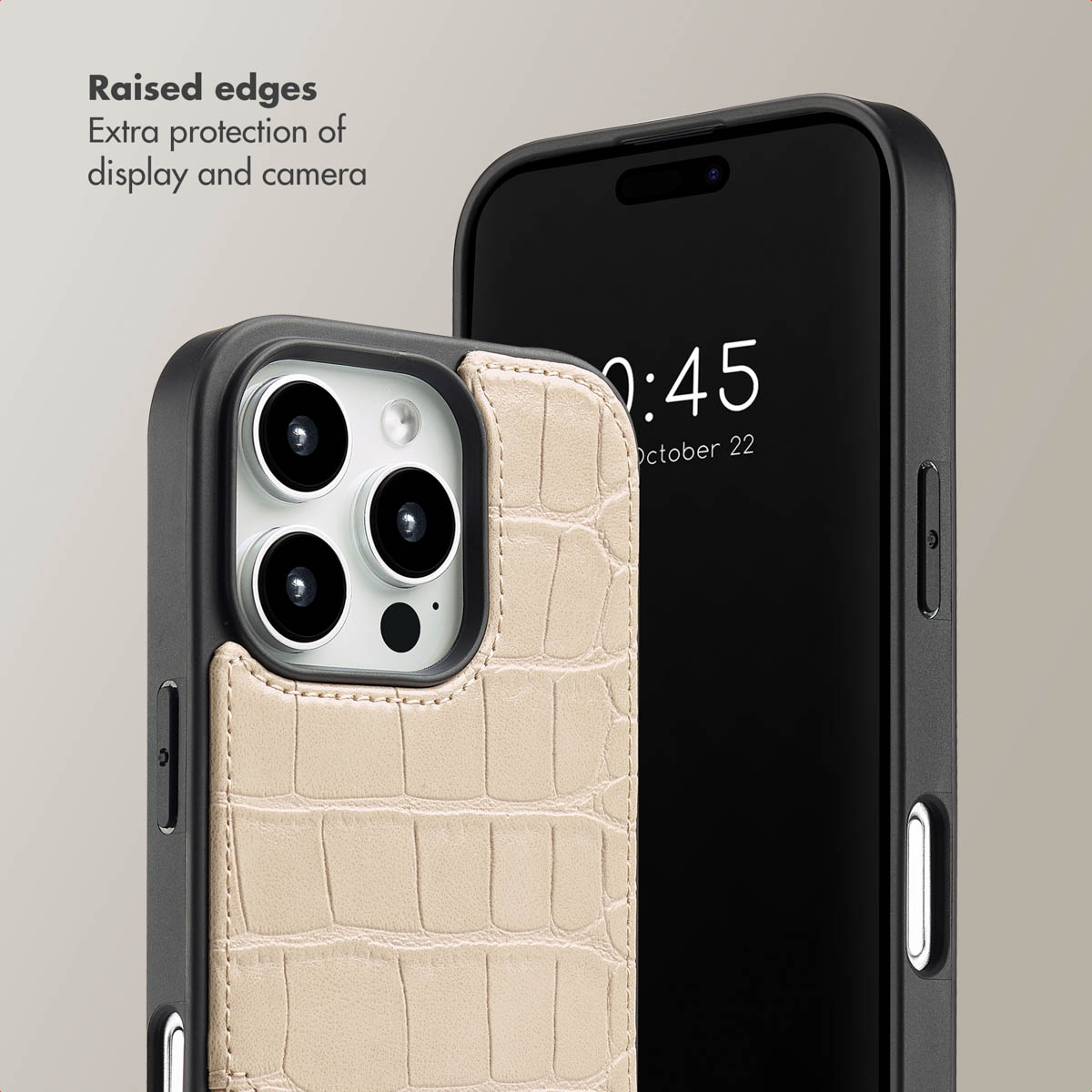Zwei schwarze Smartphones mit Kunstlederhüllen in Kroko-Beige und erhöhten Rändern für Display- und Kameraschutz.