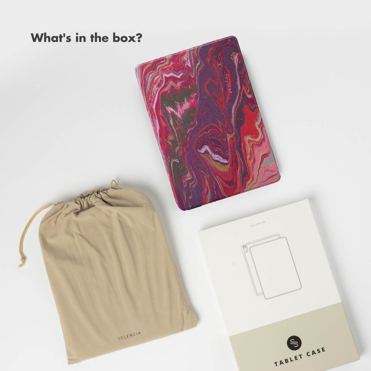 A colorful marble-patterned tablet case, a beige pouch with a drawstring, and a white tablet case box.