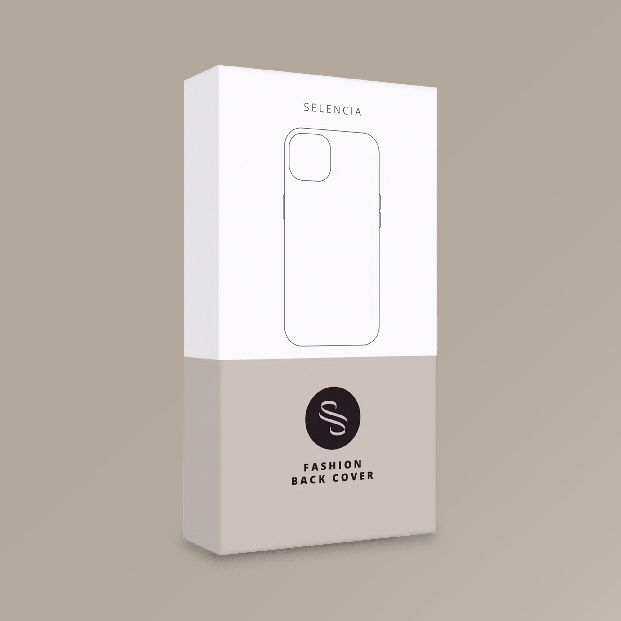 Boîte de coque de téléphone Selencia blanche et grise avec un contour de coque et le texte 'Fashion Back Cover'.
