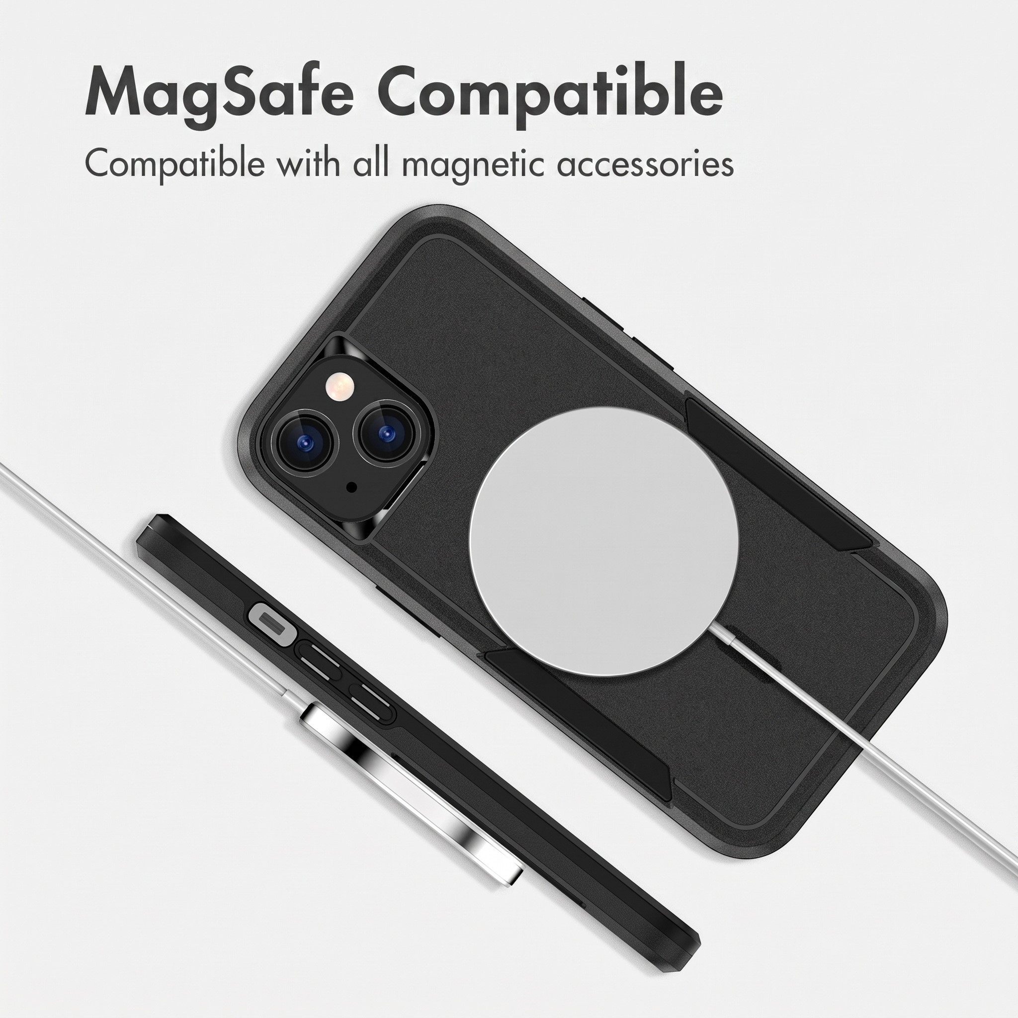 Ein Smartphone in einer schwarzen Hülle mit einem MagSafe-Ladeadapter auf der Rückseite.